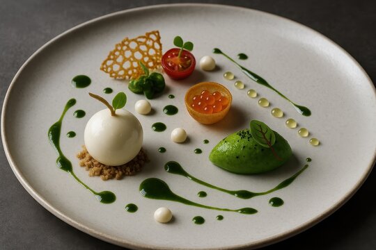 Fine dining appetizer course with molecular gastronomy techniques served at exclusive Michelin-starred restaurant with artistic plating