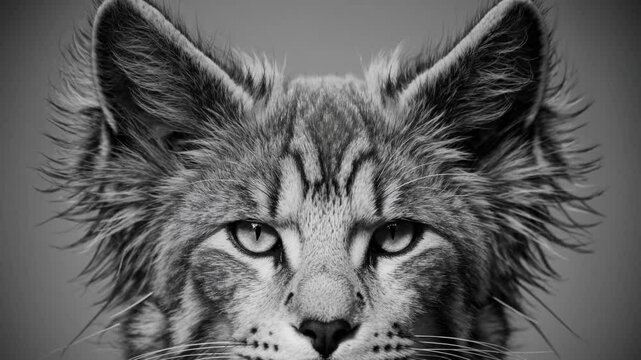 Portrait graphique en noir et blanc d&rsquo;un lynx