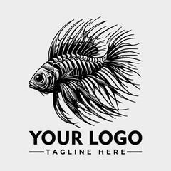 Detailed monochrome illustration of a betta fish skeleton with flowing fins, logo design.