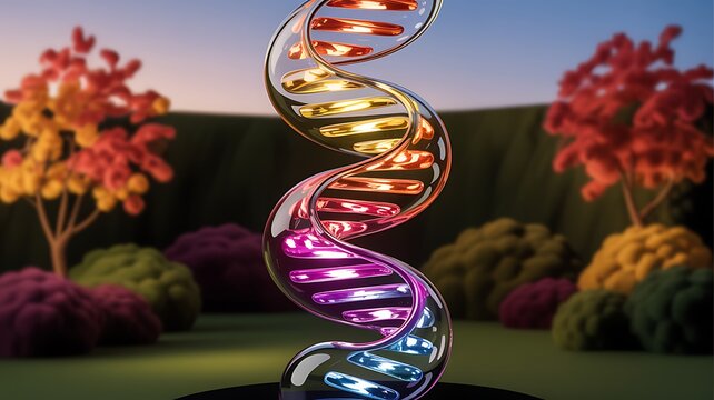 Illuminated glass dna helix sculpture with colorful trees image
