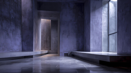 Obraz premium editorial feature on silence and solitude | washed violet-gray | architectural framing | window facing slow time | silent footstep imprint | pigment displacement | invisible resonance