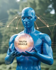 Blue humanoid holds glowing sphere labeled 'Truth Oracle' in a futuristic setting.