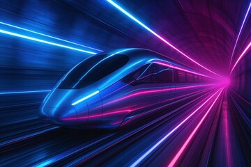 High-speed maglev train racing through illuminated underground tunnel with electric blue and magenta neon lighting effects