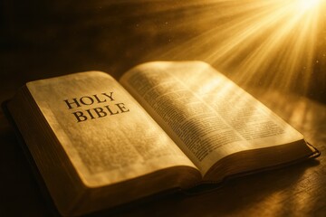 Illuminated Bible with divine sunlight creating spiritual reading atmosphere and religious inspiration