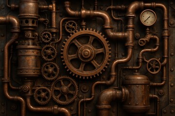 Industrial steampunk machinery texture with copper pipes gears and weathered metal surfaces for vintage sci-fi aesthetic
