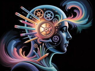 Colorful abstract human profile with gears and pencils, symbolizing creativity and innovation.