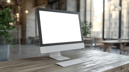 Fototapeta premium Modern computer on rustic wooden desk in cafe setting