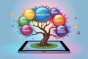 Colorful mind map tree emerging from a tablet, symbolizing digital strategy and innovation.