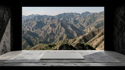 Minimalist interior design with mountain view creates a peaceful atmosphere for relaxation