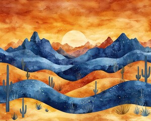 Colorful watercolor desert landscape with mountains, cacti, and sunset hues