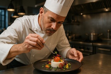 Michelin-starred chef plating exquisite molecular gastronomy dish with precision tweezers in fine dining restaurant kitchen
