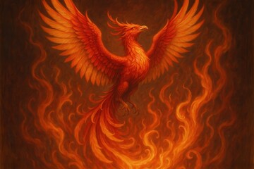 Mythical phoenix with brilliant flame-colored plumage rising from ethereal fire