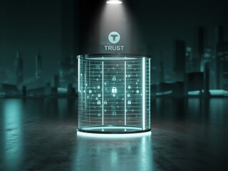 Digital vault with futuristic design in a dark cityscape, embodying online security and trust in technology.