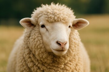 Portrait of woolly sheep with gentle expression against clean white studio background