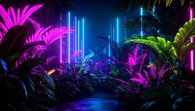 Futuristic garden background with glowing leaves, neon flora, and digital glitch effects, sci-fi abstract style in deep purples and greens
