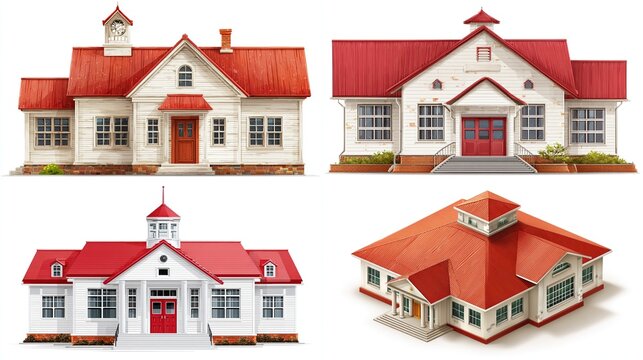 Four illustrated school buildings, various perspectives, featuring red roofs and white exteriors
