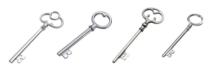 Naklejka premium Vintage keys with intricate designs and shiny metallic finishes evoke sense of mystery