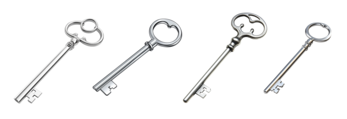 Vintage keys with intricate designs and shiny metallic finishes evoke sense of mystery