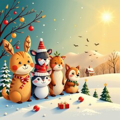 Cute cartoon animals celebrating winter holiday outdoors with snow covered landscape festive decorations and Christmas gifts in a sunny cheerful scene