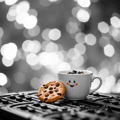 Cozy breakfast scene with a smiling coffee mug with a face, chocolate chip cookie on a stovetop, blurred bokeh background, warm, inviting home atmosphere