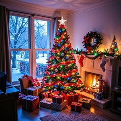 Cozy Christmas living room decorated with a tall illuminated Christmas tree, fireplace with garland and wreath, surrounded by wrapped gifts in a festive holiday scene