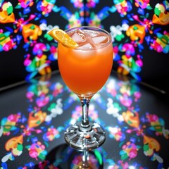 Colorful tropical cocktail with orange slice garnishment in a tall glass against vibrant neon birthday party backdrop with confetti and lights