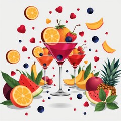 Colorful fruit cocktails with fresh citrus slices berries and tropical fruits in glasses surrounded by tropical fruits and leaves vibrant summer scene