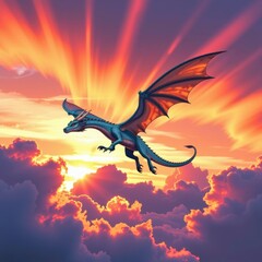 Colorful dragon flying through vividly illuminated sky with fiery clouds du sunset or sunrise, fantasy creature soa above scenic breathtaking landscape