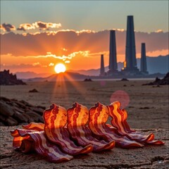Colorful bacon strips on a rocky desert landscape at sunrise with industrial smokestacks in the distance and vibrant sky background du dawn