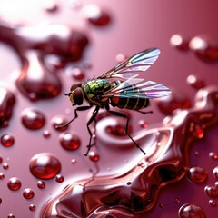 close up of colorful insect with transparent wings walking on glossy red liquid surface with water droplets and reflections, detailed macro shot of nature theme