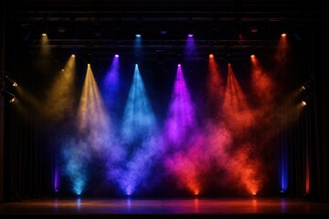 Obraz premium Theatrical stage production with dramatic lighting effects and atmospheric smoke creating professional entertainment venue ambiance