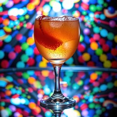 Close-up of a colorful cocktail in a glass against a vibrant blurred multicolored bokeh background for festive celebrations or party scenes