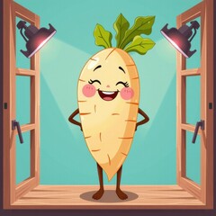 Cheerful cartoon carrot character with green leafy top standing in a bright studio with professional lighting setup, smiling with arms akimbo