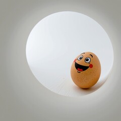 Cheerful animated egg with smiling face and rosy cheeks inside a circular cutout of a white background, playful and whical food-themed character design