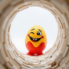 Cheerful smiley face egg with winking eye and open mouth showcasing happy expression, colorful construction toy model within circular architectural structure