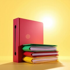 Bright yellow background with a large red binder and multiple colorful file folders stacked neatly showing organized document storage and record keeping in a vibrant workspace