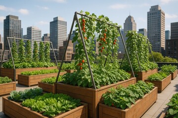 Fototapeta premium Urban rooftop vegetable garden with vertical growing systems in metropolitan setting