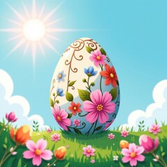 Brightly decorated Easter egg with colorful floral patterns resting on green grass under sunny blue sky with clouds and blooming flowers