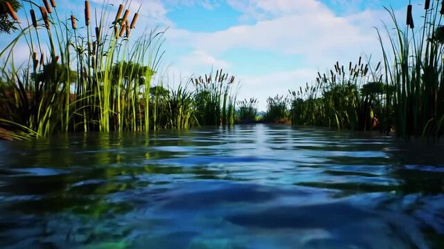 Aliran sungai savana tropis, vegetasi alang-alang, air reflektif, Realistis, 3D look (cinematic), Statis (kamera diam), Smooth (gerakan tidak tersendat), 4K resolusi, Loopable seamless