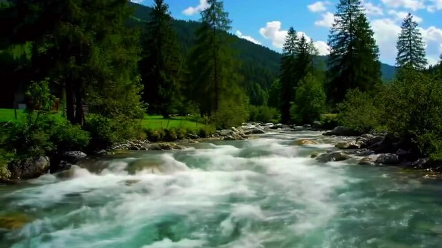 Sungai di pedesaan pegunungan Europe, vegetasi pinus statis, air mengalir via jeram lembut, Realistis, 3D look (cinematic), Statis (kamera diam), Smooth (gerakan tidak tersendat), 4K resolusi, Loopabl