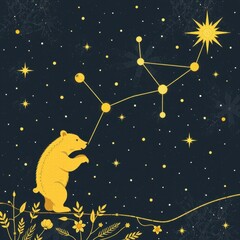 Artistic illustration of a cute bear reaching out to connect with bright golden stars and a constellation in a dark starry sky with detailed floral ground background