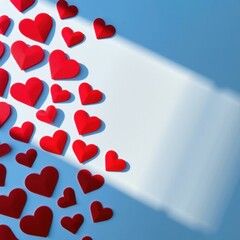 Array of small and large red hearts scattered diagonally on light blue background with white shadow play and soft shadows for romantic love and affection concept