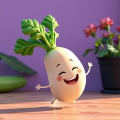 Adorable animated vegetable character with a big smile and cheerful expression, featu leafy green top, cute face, and playful pose on wooden surface