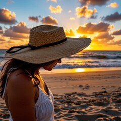 Woman wea large straw sun hat looking down on sandy beach du sunset with clouds and ocean waves in background