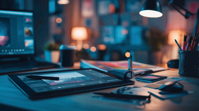 Creative workspace aesthetic showcasing a digital tablet and laptop for graphic design and multimedia projects with essential artistic tools.