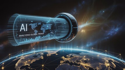 Futuristic AI technology analyzing global trends with digital world map overlay on Earth.
