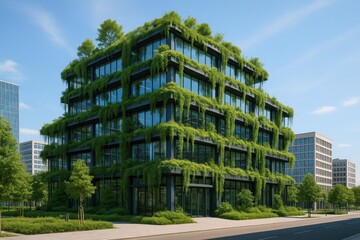 Fototapeta premium Sustainable green office building with integrated vegetation showcasing eco-friendly corporate architecture