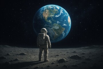 Fototapeta premium Astronaut on lunar surface gazing at Earth-like exoplanet representing space exploration and cosmic wonder