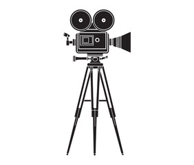 Silhouette of an old movie camera on a tripod. Vintage movie camera on tripod silhouette.