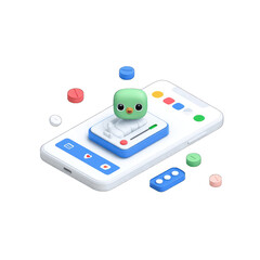 Smartphone app with a bird graphic, pills, and health-related elements
